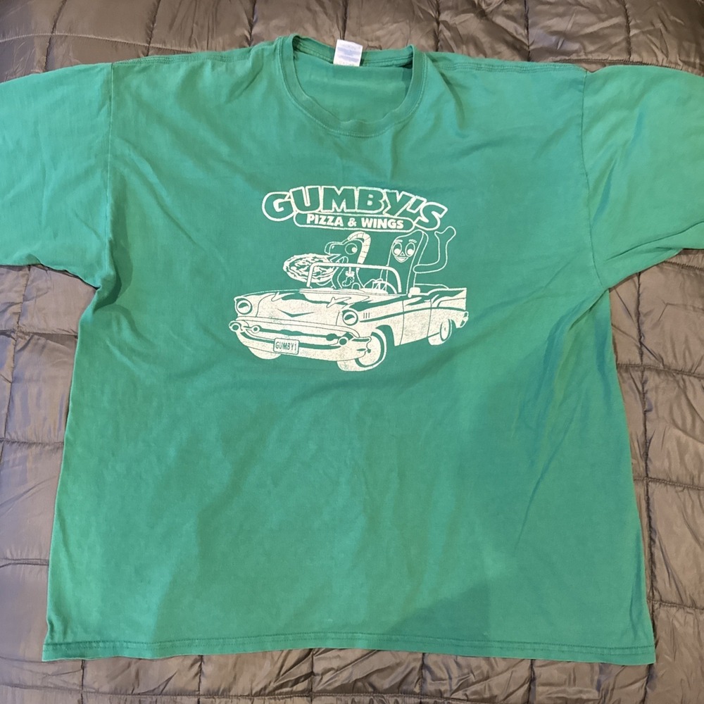 Vintage Gumby Pizza and Wings T-shirt Green Men's XXL Short Sleeve 90s